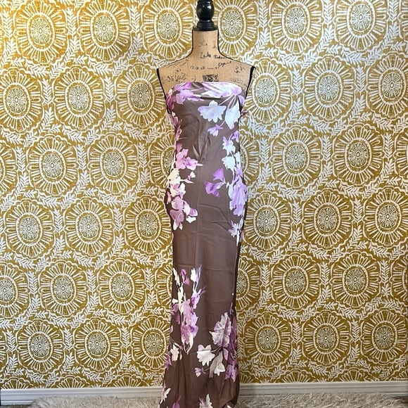 NWT Rococo Sand Stunning Satin Floral Strapless Maxi Dress Brown Pink FLAW Sz XS - Picture 7 of 16